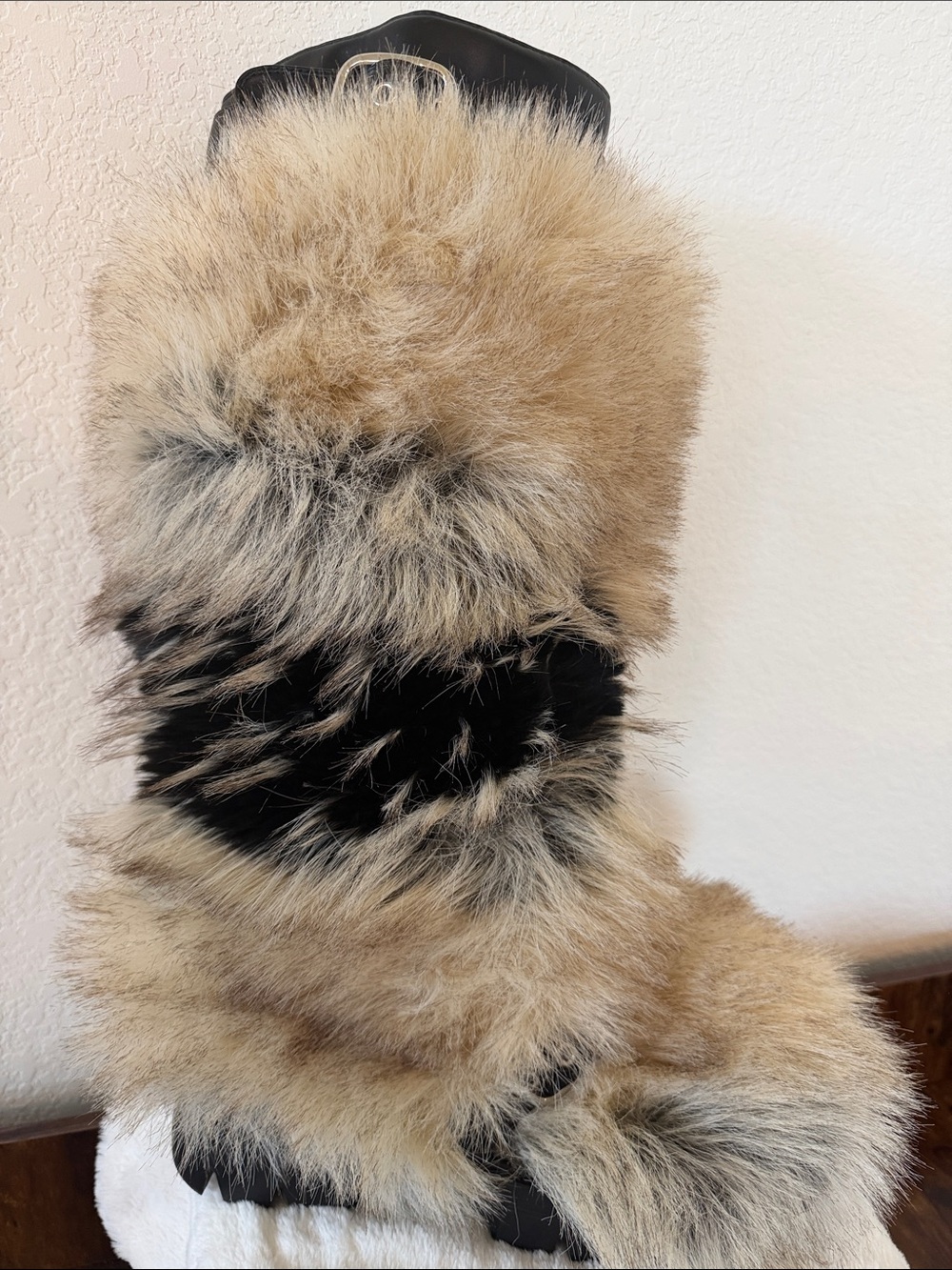 Faux Fur Heeled Boots in Beige and Black - Women's Fashion Boot